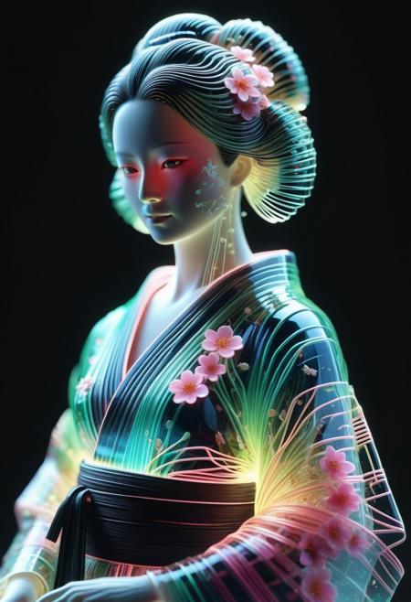 <lora:World_of_Glass_Filament:0.6> made of, tiny neon (glass:1.1) filaments, w0gf1l, Android, geisha, with robotic parts, in flowery kimono, Intricate details, 8 k, cinematic <lora:sss:0.8> subsurface scattering, sss <lora:envyStarlight_v10:0.8>