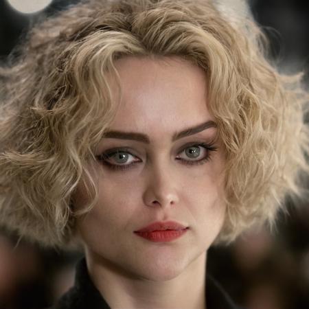 cinematic film still of  <lora:Catwoman 1992:1>
Selina Kyle a short messy hair blonde creepy teary face woman in tim burton style,1girl,solo,looking at viewer,short hair,blonde hair,teeth,blurry,lips,blurry background,portrait,realistic, shallow depth of field, vignette, highly detailed, high budget, bokeh, cinemascope, moody, epic, gorgeous, film grain, grainy