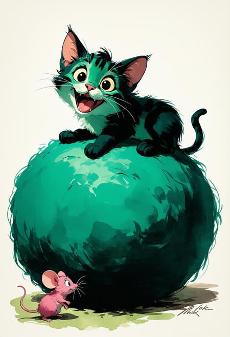 Classic children's book illustration: Low-angle, mouse-eye view. An emerald cat, baring an toothed grin, leans on an immense, dark, fluffy wool ball. 
Below, a tiny bright pink mouse, gazes upward.
Soft, painterly rendering with a palette of vibrant emerald, pink.
Warm directional light creates gentle shadows, highlighting gleaming teeth and plush fur. Atmosphere of whimsical suspense and charming peril, focusing on the cat's wide grin and the mouse. Subtle storybook vignette.