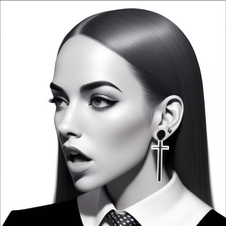 long hair, open mouth, jewelry, monochrome, greyscale, earrings, necktie, cross, cross earrings, rfktrstyle