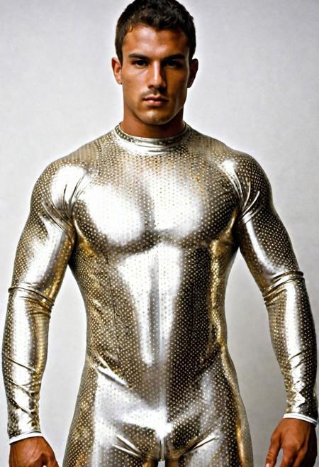 a strong 28-year-old Brazillian bodybuilder male with short coiled military haircut, man, glazed face, wearing a skin tight white latex full bodysuit with silver and gold electronics circuits patterns, (((wearing a silver latex shorts))), inside  a office, detailed skin face and eyes, natural lighting ,  film grain, low contrast, natural face,  dark circles under eyes