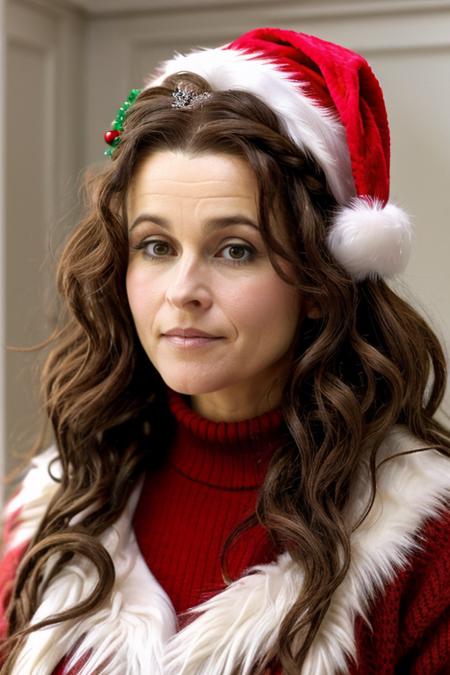 mrs santa claus, santas grotto, north pole, elves, snowmen, candy canes, snow, icicles, <lora:Helena_Bonham_Carter:1> 1girl, solo, a mature 40 year old hb1873c, brown hair, wavy,messy,up do, hair, masterpiece,best quality, detailed face