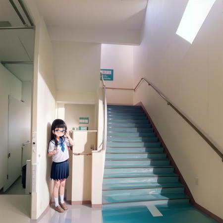 best quality, ultra-detailed, illustration,
kaidan, stairs, scenery, window, railing, industrial pipe, door, day, indoors, sunlight, shadow, school, outdoors, hallway, 
1girl, glasses, black hair, long hair, black eyes, school uniform, blush, looking at viewer, standing,
 <lora:Kaidan_school_SD15_V4:1>