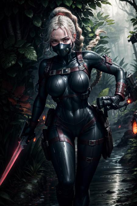 photo of 1girl, ((solo:1.3)), wearing callidus bodysuit, face mask, red glowing eyes, full face cover, braid, glowing blade, running, black bodysuit, holding weapon, <lora:tool - add_detail:1>
battle, army, firing, gun,
standing by massive tree, lush jungle, rain forest, dark ambiance,<lora:Officio Assassinorum MK1 by CARAXES-000029:0.7>