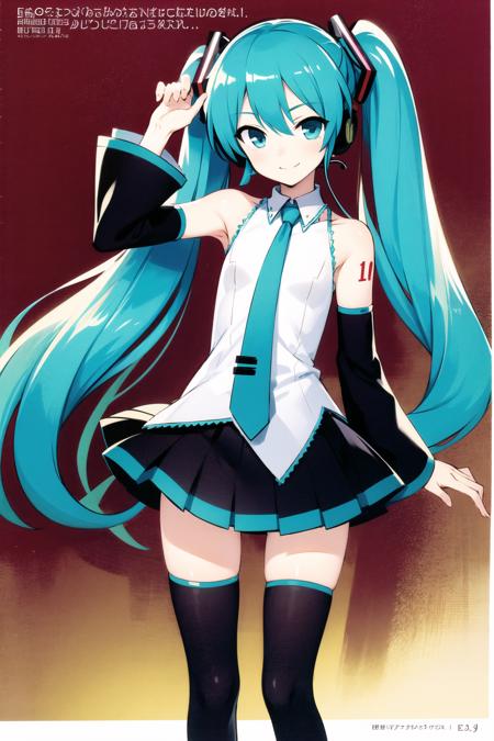 1girl, long hair, solo, hatsune miku, thighhighs, twintails, skirt, detached sleeves, very long hair, necktie, smile, aqua eyes, aqua hair, tattoo, shirt, black thighhighs, sleeveless, zettai ryouiki, black skirt, looking at viewer, headset, sleeveless shirt, hair ornament, pleated skirt, bare shoulders, aqua necktie, headphones, shoulder tattoo, white shirt, standing, black sleeves, miniskirt,<lora:Eiji Usatsuka:0.8>