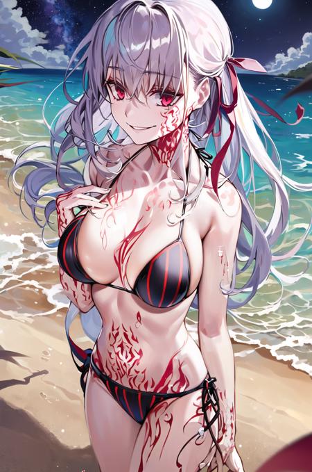 ((masterpiece,best quality, detailed)), 
1girl, solo, night sky, outdoors, beach, ocean, stars, clouds, night, dark sakura, striped bikini, evil smile, hair ribbon, (body markings:1.2), hand on own chest