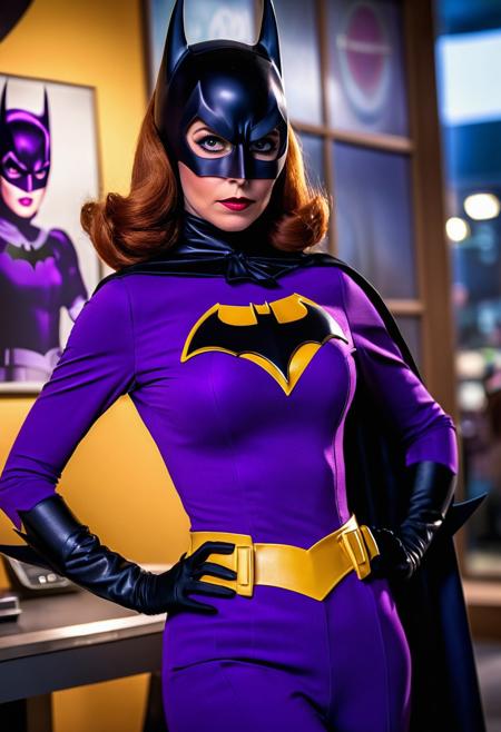 Expressionism - 1960s TV purple form fitting costume 40 year old Batgirl, sharp focus, depth of field, 8k photo, HDR, professional lighting, taken with Canon EOS R5, 75mm lens, very detailed, colossal figure