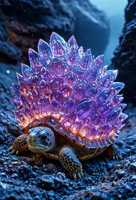 8k, Tilt shift photography style, tortoise, fluorite Spiky Cluster shell, glowing fluorite, iridiscent, in night cave, ( Unmanned:1.2), ( thick fog:1.4),