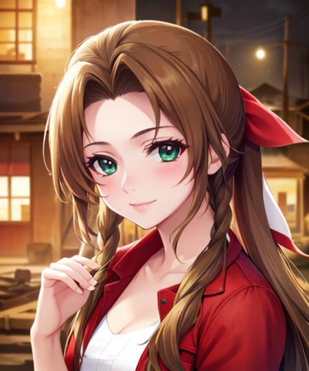 portrait, (adult woman), (1girl, solo), smile, (brown hair), green eyes, ((slums)), (night, hazy), ((best quality, high detail)), ((masterpiece)), <lora:Cha - Aerith v3:.75> aerith gainsborough, hair ribbon, braid, red cropped jacket, dress, <lora:1_izumitsubasa_4e:1>