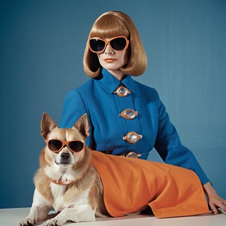 In front view, portrait of a [DOG BREED] wearing 1960s mid-century space-age fashion, backdrop is a deep, neutral blue, setting a stark contrast that accentuates the subject. fluorescent orange shade, wearing a very fashionable lounge coat and sunglasses are a hip 1960s style, clothing all in one color