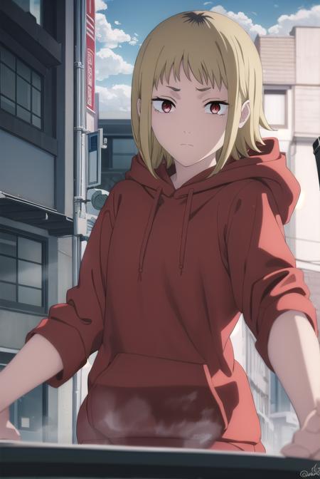 akane sawatari, short hair, blonde hair, (red eyes:1.3), hood, hoodie, red hoodie, hood down,