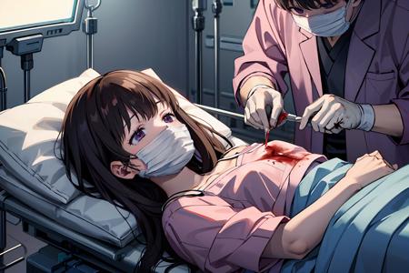 lying,on back,surgery,doctor,surgical light,scalpel,operating table,operating room,blanket,(((bloody, blood,blood on clothes))),mask pull,(((surgical mask, hospital gown))),from side,