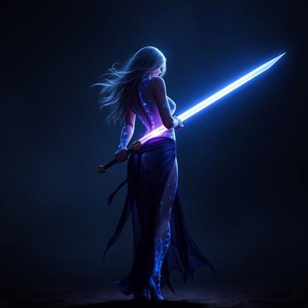 A bioluminescence translucent body, archaea/humanoid/female, stands up and she looks at the viewer seductively and alluringly, the camera pans out then she walks toward the viewer, slight breeze, realistic physics for clothing and her body and hair, weapons start controlling all elements drawing the power to her bioluminescence sword.
