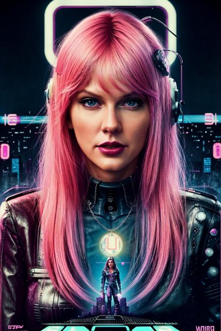 <lora:Taysway_V5-10:0.75> Taysway, adult woman, long neon pink hair, cinematic, 80s movie poster themed, 80s poster style, psychedelic, mind blowing, trippy, retro artwork, (cyberpunk theme:1.3), dystopian