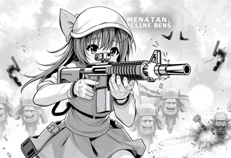 black and white painting of an anime girl holding a machine gun firing at enemy