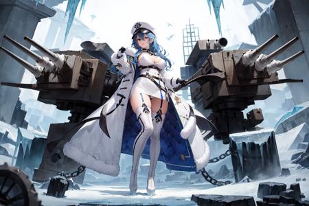 <lora:Shipgirlsv2-10:1>,  Shipgirl, NorthernParliament, 1girl, solo, long hair, breasts, looking at viewer, bangs, blue eyes, large breasts, thighhighs, gloves, long sleeves, hat, dress, cleavage, hair between eyes, underwear, blue hair, panties, full body, weapon, boots, black gloves, elbow gloves, belt, white dress, arm up, high heels, white thighhighs, coat, fur trim, chain, white headwear, thigh boots, short dress, white footwear, peaked cap, high heel boots, ice, open coat, turret, military hat, cannon, white coat, rigging, non-humanoid robot, outside border, fur-trimmed coat