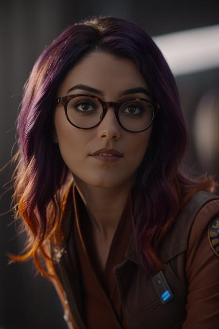 cinematic film still sabine wren, long hair, wearing tortoiseshell glasses, (blush), close up shot <lora:Sabine_Wren:0.8> . shallow depth of field, vignette, highly detailed, high budget Hollywood movie by kathryn bigelow, bokeh, cinemascope, moody, epic, gorgeous, film grain, grainy