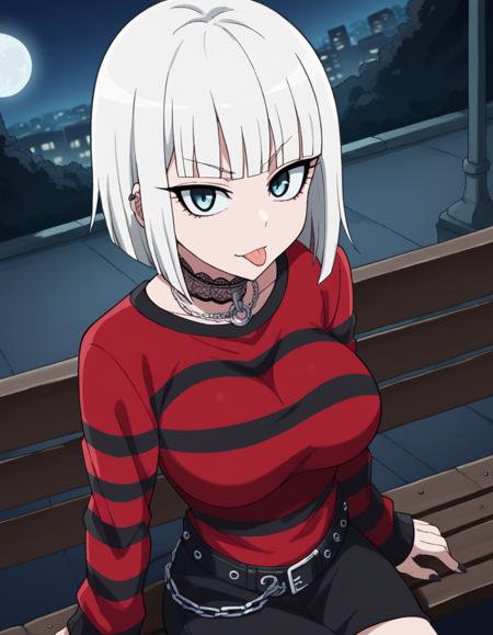 gina boyd, short hair, bangs, blue eyes, white hair, blunt bangs, bob cut, large breasts, skirt, long sleeves, school uniform, pleated skirt, serafuku, black skirt, sailor collar, neckerchief, red neckerchief, black serafuku, navel, shorts, midriff, belt, sports bra, grey shorts, bare shoulders, collarbone,