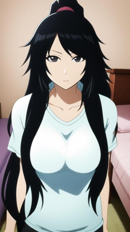 1girl, black hair, long hair, ponytail, messy hair, t-shirt, looking at viewer,  <lora:Bleach-tybwV1:1>, portrait, bedroom,