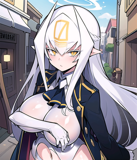 yellow eyes,(((slit eyes,narrowed eyes,eyelashes))) white earmuffs white hair,very long hair gigantic breasts dressed in her outfit,revolver halo,military coat,shoulder coat,white pantyhose, high heels, gloves, navel cutout