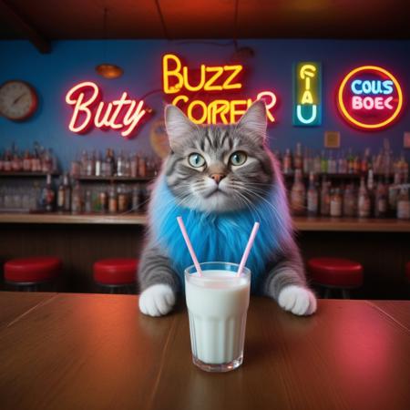 Prompt: Generate an image of a whimsical, cartoonish cat with electricified hair sticking up in all directions and exaggerated cross eyes, enjoying a sip of milk through a straw at a bar-style table. The milk cup has "buzz" written on it. The scene should be brightly lit with neon lights casting vibrant hues across the setting, creating a lively and slightly surreal atmosphere. Use a high-angle camera view, looking down at the table from above to emphasize the cat's unique perspective. The color scheme should be vivid and playful, with bold contrasts between the electric blue hair and the warm, wooden tones of the table and surrounding area. The background should feature a simple, yet intriguing bar counter with an array of colorful bottles and a retro neon sign that reads "Kitty Corner". Ensure the resolution is 1080p for crisp details and maintain an aspect ratio of 16:9 for optimal display. Keywords for image generation include: crazy cat, electric hair, cross eyes, drinking milk with a straw, bar table, neon lights, high-angle view, vivid color scheme, retro background.