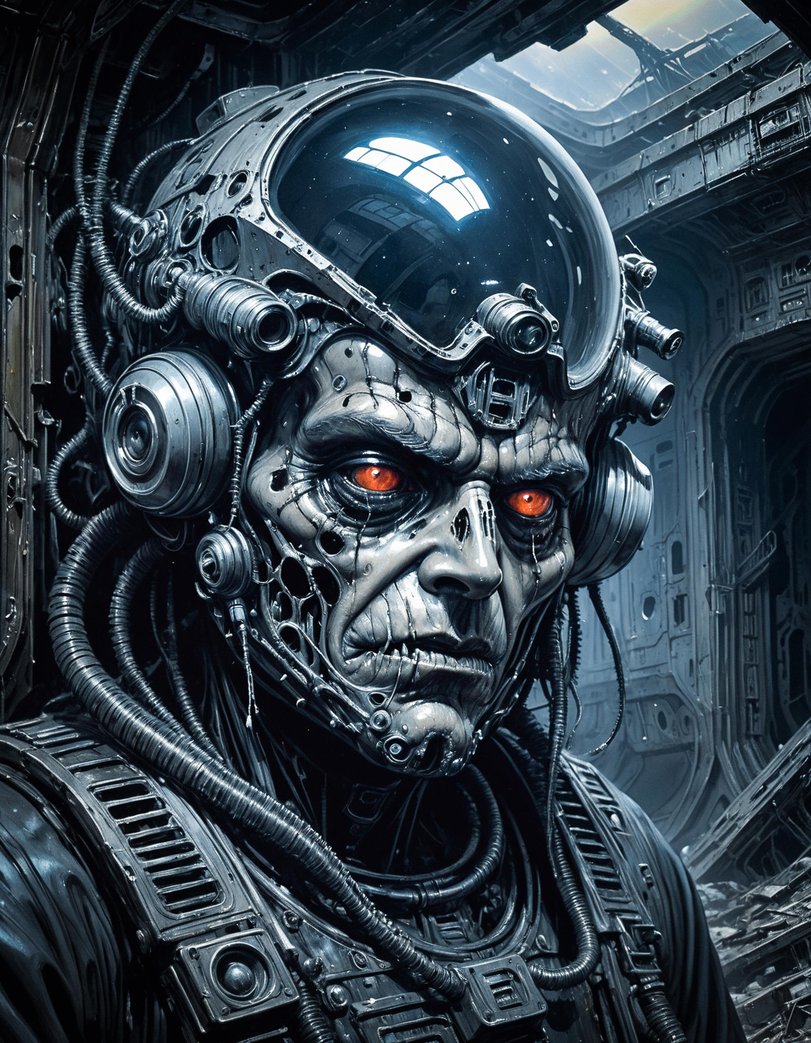A cyborg with red eyes and a futuristic helmet, surrounded by wires and machinery.