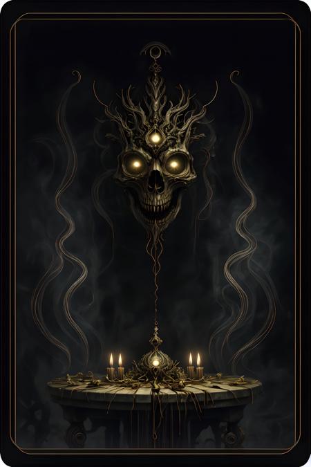 {high quality}, octane render, Ultra HD, cinematic ray, depth of field,
a skull on the table, altar, horror \(theme\), YaPAseer, glowing eyes, 
Tactile, slippery, Cthulhu, blood, 
dark forest, misty, outdoors,  
<lora:YamerPAseerHorrorV1:0.8>,
tarot card, 
<lora:塔罗魂牌soulcard:0.7> 