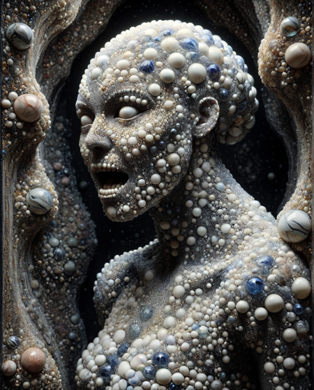 breathtaking nightmarish humanoid form covered in clusters of deep, irregular holes filled with glistening marbles, some cracked, others oozing a viscous fluid, marbles pulsing faintly with inner light like alien eggs, skin torn and stretched around the clusters, textures blending raw flesh with polished glass, chaotic and asymmetrical patterning, dim, elegant ("Sparring Partner":1.3) , captured in a candid moment, Unposed, natural, spontaneous, real-life situation, cold lighting casting sharp shadows into each cavity, background fades into a dark, foggy void, disturbing and hyperreal, horror surrealism style, designed to trigger intense ((((trypophobia)))) , unease<lora:Marbles_World_r1:1>, imposing, extremely rich detail, creative, vibrant . award-winning, professional, highly detailed