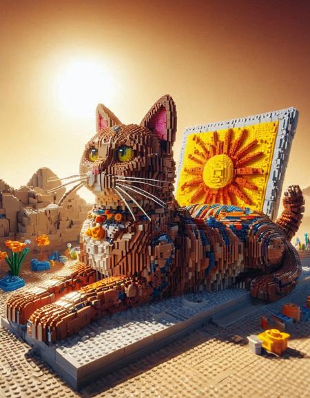 cat sunbathing under the sun, made of legos, 64k <lora:Expert_Lego_set:1>