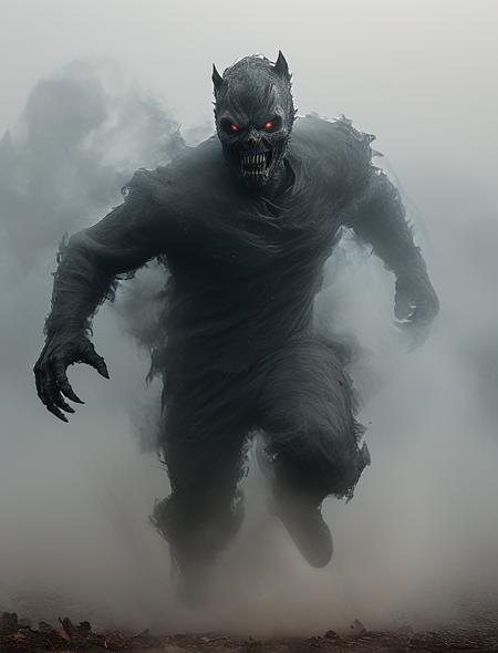 action shot, fog, The monster from the movie Jeepers Creepers, forged carbon face, flying above the ground. foggy background cinematic shot, cinematic color, dramatic shadows, red eyes, 8k, flux-style