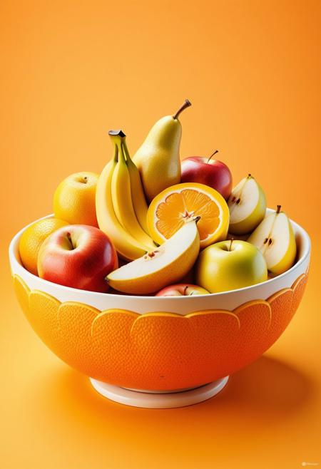 high quality,masterpiece,ultra-high resolution,incredible composition,extremely detailed, fruit bowl of bananas, apples, pears, and mangos made of orangepeel. Soft anime style, warm lighting, pastel orange background with floating citrus slices, vibrant colors, cheerful expression.