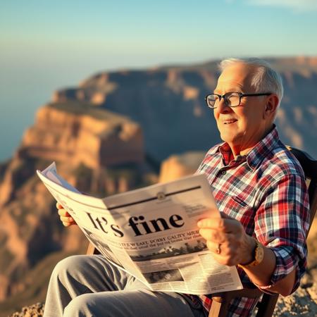 Old man wearing glasses sitting in rocking chair on edge of cliff and reading newspaper with cover title "It's fine", happy, sunny, warm hues, realistic, photorealism, hd, 8k, high definition, score_9, score_8_up, score_7_up, score_6_up,