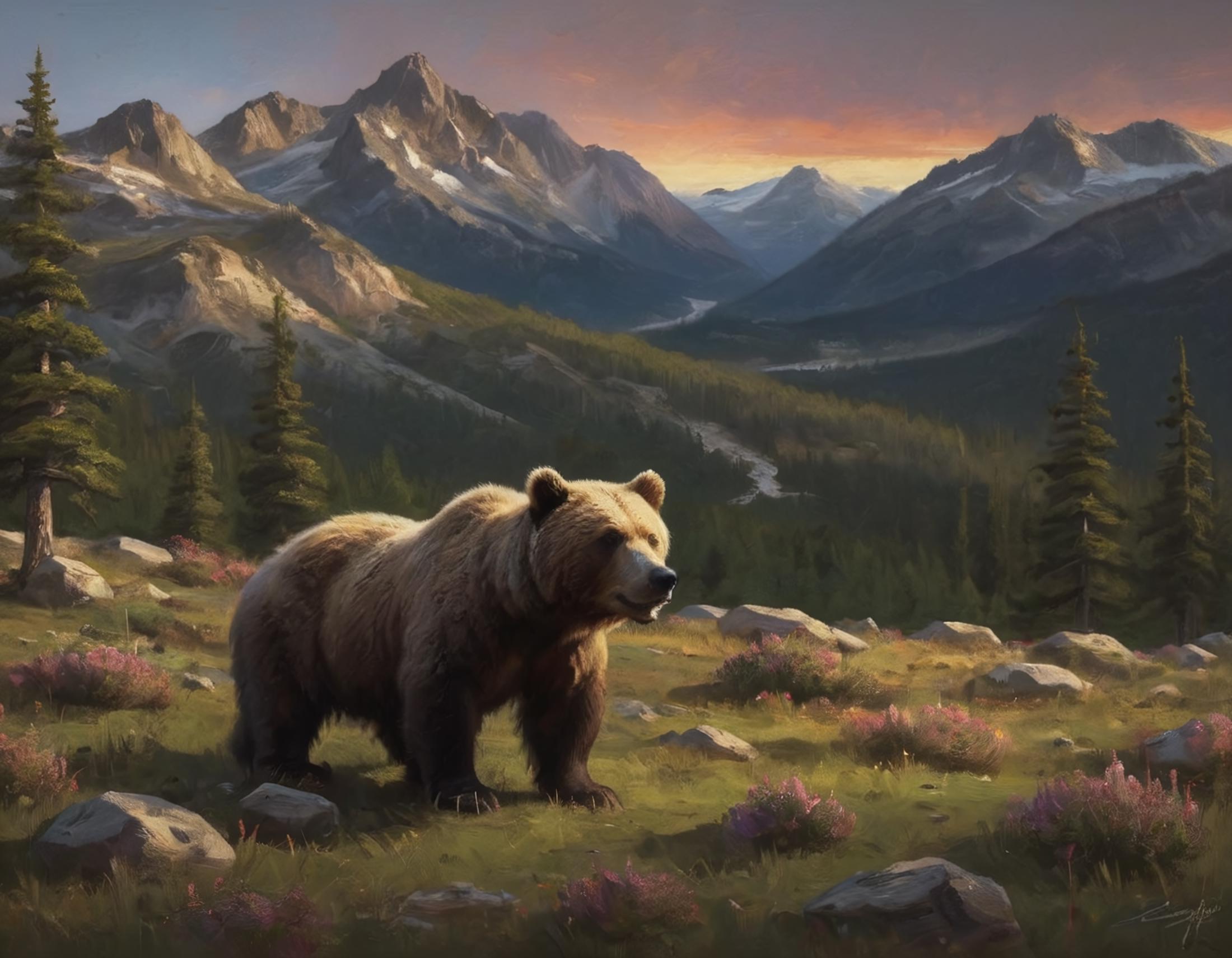 A large brown bear standing in a grassy field with mountains in the background.
