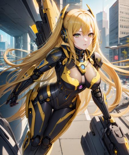 ((master piece)),best quality, (8k, best quality, masterpiece:1.2), ultra-detailed, illustration, beautiful detailed eyes, beautiful detailed hair, fullbody, 1girl, solo, mecha, mecha_musume, cyborg, cool_movement, yellow hair, city, cyberpunk,  <lora:mecha_2_V2:0.5>