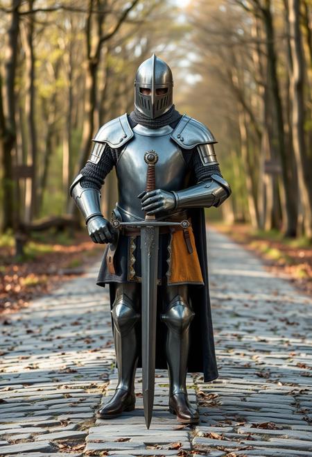 standing male knight, helmet, full plate armor, steel armor, grey armor, zweihander holding to the ground, holding zweihander with both hands, parade rest draw sword,
on a stone wide road in a light forest at noon,
standing pose, full body perspective, frontal