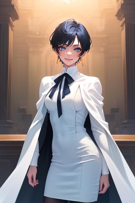 Meryl,blue eyes,black short hair,solo,standing,smiling,
earrings, white shoes,
black thigh-highs,long sleeves,white dress with black ribbon,short white cape,
standing,
western bar,
(insanely detailed, beautiful detailed face, masterpiece, best quality) anime,<lora:MerylStryfe:0.7>,