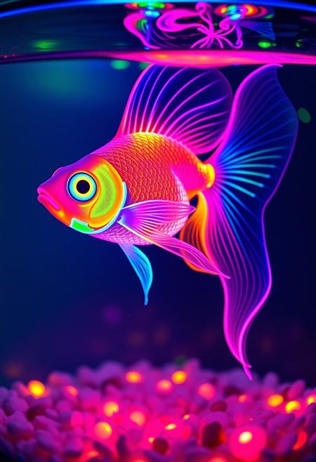 "Hyper-realistic, intricately detailed depiction of a vibrant goldfish, crafted entirely from glow-sticks of multiple colors. The fish's body, made from a series of intertwined glow-sticks, features a mesmerizing, neon-like quality, with every curve and scale meticulously rendered. The glow-sticks' bright, glowing colors - including pink, blue, green, and yellow - illuminate the surrounding fish bowl, casting an ethereal glow on the water and gravel. The fish's eyes, made from tiny, shining glow-stick dots, seem to sparkle with life, while its fins and tail are formed from delicate, curved glow-stick strands. Every detail, from the fish's textured scales to the subtle ripples in the water, is crafted with precision and realism, making it seem as if the fish might swim off the page at any moment. Style: hyper-realistic, highly detailed, and richly illuminated, with a focus on capturing the vibrant, glowing quality of the glow-stick fish."