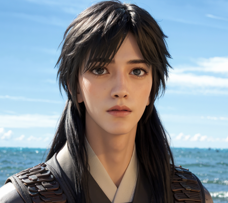 a young man with long black hair and a vest on standing in front of the ocean with a blue sky, (1girl:0.955), (bangs:0.575), (black eyes:0.572), (black hair:0.709), (blue sky:0.985), (closed mouth:0.536), (cloud:0.927), (day:0.980), (horizon:0.816), (japanese clothes:0.511), (lips:0.764), (long hair:0.775), (looking at viewer:0.811), (nose:0.534), (ocean:0.950), (outdoors:0.734), (realistic:0.814), (sky:0.988), (solo:0.937), (upper body:0.557), (water:0.600)