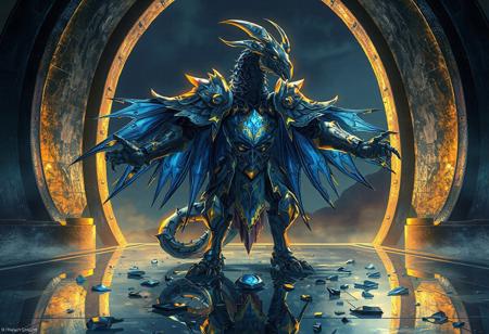Epic detailed full-body illustration: A Hook the Hidden Knight stands on a Mirror Gate surface, adorned with blue and yellow accents, giving it a dynamic appearance. Its arms and legs are spread, and its head is turned, as if observing scattered Mirror Mail pieces in the open gate. The final artwork should be 4K, exceptionally detailed, handcrafted, and feature captivating lighting and composition. Convey a powerful message, and showcase vivid emotions and intricate details. Cinematic lighting and HD quality expected.