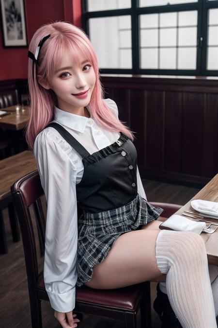VG03_SoloTI_v1,
(happy,smile,eyes,face),
(Plaid miniskirt paired with a fitted white blouse, a few buttons undone, knee-high socks peeking above lace-up boots, tousled hair styled with a playful ribbon),
(in a fine dining restaurant:1.3),
(seductive:1.4),photorealistic, masterpiece, high quality, artistic, unique, award winning photograph, professional, 8k, RAW photo, best quality, 
<lora:add_detail:0.8>,<lora:LowRa:0>, PA7_Portrait-MCU,