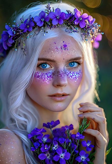 A beautiful, pale woman with white hair is holding purple flowers in her hand, and the light shines on them. She has blue eyes and glitter dust on her face. She wears a flower crown, and the colors are soft and pastel, creating an ethereal aesthetic with a bokeh effect. The image is photo-realistic, captured with a Canon EOS R5 camera.
