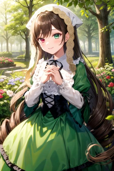 masterpiece, best quality, 1girl, <lyco:Suiseiseki-000017:1.0>, suiseiseki, corset, green dress, frills, ribbon, bonnet, head scarf, twin drills, outdoors, nature, smile, own hands together