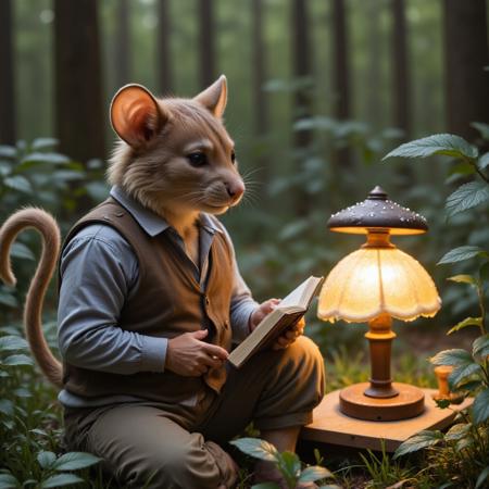 saturatedphoto, brightphoto, highcontrastphoto, photo of A small anthro-furry mouse in a tattered waistcoat reads a tiny book by the light of a glowing mushroom, with dew drops glistening on the grass around him.