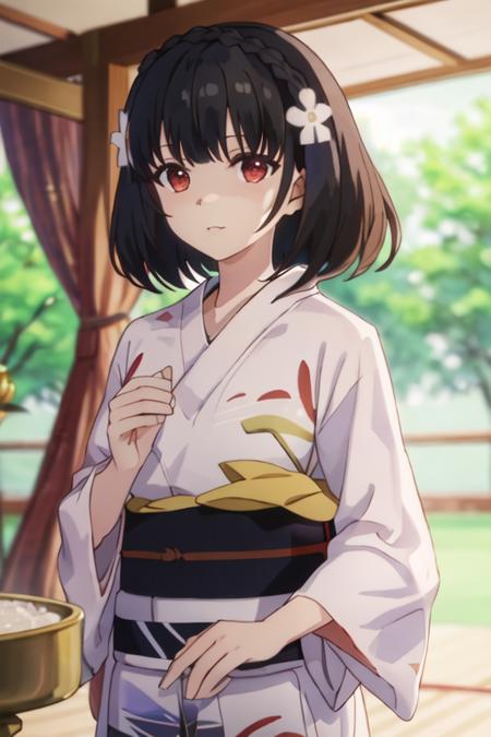 best quality, masterpiece, highres, solo, {yukata:1.40}, {kimono:1.20}, {lainie_cyan_tenseioujototensaireijounomahoukakumei:1.15}, black_hair, short_hair, hair_ornament, bangs, flower, hair_flower, braid, crown_braid, blurry, red_eyes