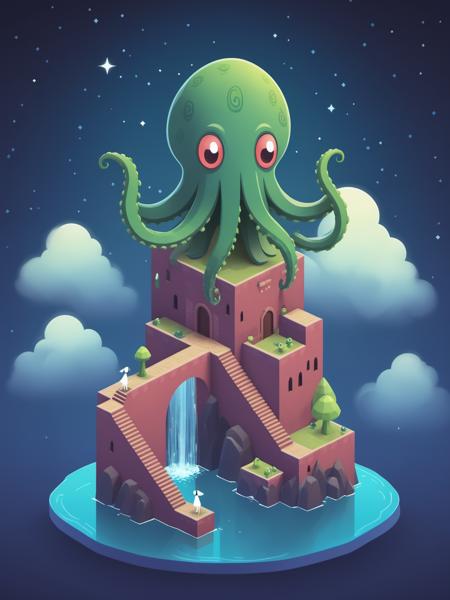video game monument valley style, A giant Cthulhu standing on the roof, stairs, water, cloud, trees, waterfall, gradient background, Night, starry sky, <lora:Monument Valley style:0.8>