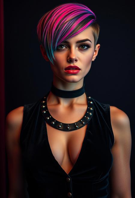 A captivating portrait of a 25-year-old Caucasian woman, exuding confidence and a dangerous allure. Her striking, asymmetrical pixie cut, featuring a longer, side-swept fringe, is highlighted with bold streaks of neon pink and electric blue, styled in a sleek, modern manner. Her makeup is dark and sultry, with smudged black eyeliner, a smoky eye, and a deep, matte red lip. She’s dressed in a form-fitting, black velvet dress with a plunging neckline and a high slit, accented by an elegant, yet edgy, black leather choker adorned with silver studs. The image, captured by a skilled photographer, is enhanced with dramatic lighting and sensual filters to highlight her youthful beauty and rebellious spirit.