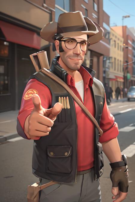 masterpiece, solo, half-length portrait, upper body, tf2sniper, red team, glasses, facial hair, cowboy hat, single glove, red shirt, grey pants, single glove, fingerless gloves, detailed background, outdoors, smiling, looking at viewer, thumbs up,  <lora:sniperlorav2:0.8>