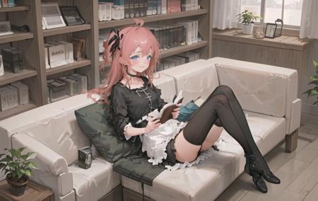 ((masterpiece,best quality)),
(Library, tables, bookshelves, reading, windows, potted plants,couch),
(1girl:1.5),(solo:1.5),sitting,light smile,
blue eyes,long black sleeves,black thighhighs,
 <lora:AINA-chan.V2.1:0.7>