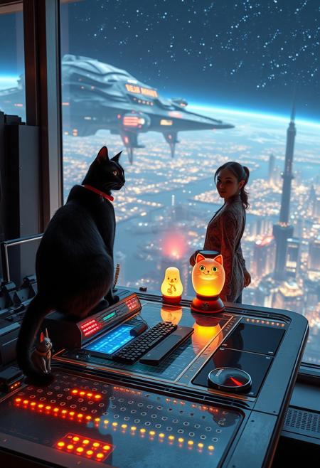 A sleek black cat with a red collar sits atop a cluttered, riveted metal desk with a transparent top, revealing glowing micro-LED-lit computer components beneath. A maneki-neko statue and a softly pulsing lava lamp rest beside it. The cat gazes out through a seamless, floor-to-ceiling futuristic window at the breathtaking surface illuminated by the sprawling lights of colossal cities and towering megastructures.
Beside the desk, a beautiful 24-year-old woman stands, her gaze distant and longing as she looks into the vastness of space. She wears an ornate, elegant Chinese-style blouse and leather pants, intricate patterns shimmering subtly in the ambient glow. Her hair is elegantly tied up with a ribbon, adding to her graceful presence. In the distance, an enormous deco-cyberpunk starship, adorned with futuristic neon lighting, drifts through the stars. Nearby, a massive space station looms, its Art Deco Cyberpunk architecture exuding grandeur and mystery.
A dynamic perspective enhances the scale, making the viewer feel immersed in this epic cyberpunk vision, evoking a profound sense of wonder and awe.