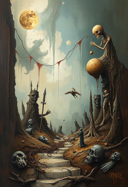 A dreamlike surreal image rendered in a strong moody style. The painting uses heavy impasto, abstract realism, bold brushstrokes, and raw textures. The color palette is earthy and muted, depicting fantastical elements and bizarre scenes with low contrast.